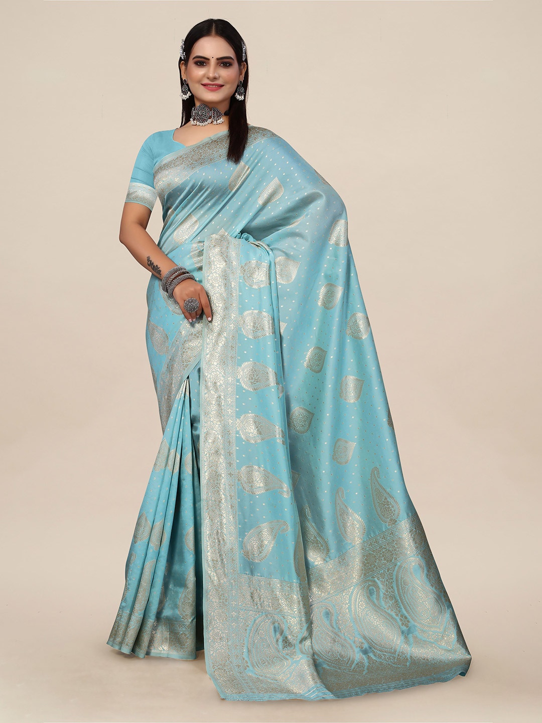 SHAYRI Paisley Zari Banarasi Saree, Blue