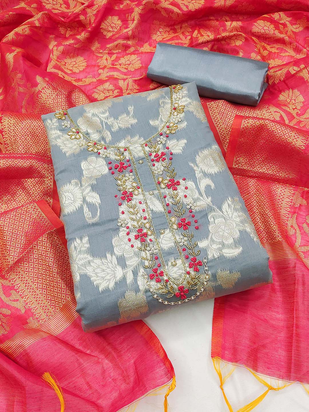 MANVAA Floral Woven Design Beads Detail Banarasi Jacquard Unstitched Dress Material, Grey
MANVAA Floral Woven Design Beads Detail Banarasi Jacquard Unstitched Dress Material, Grey