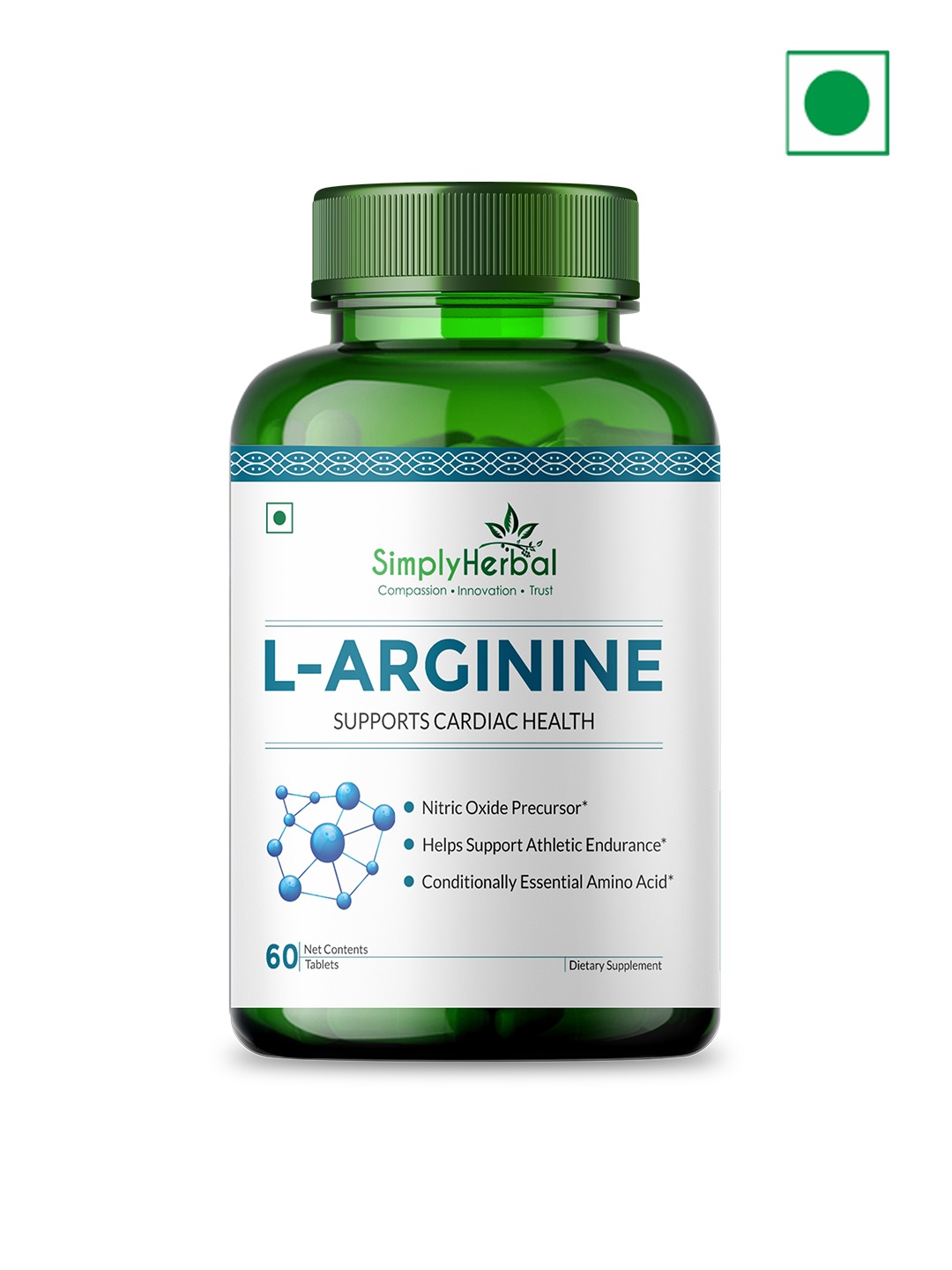 Simply Herbal L-Arginine Tablets for Cardiac Health with Amino Acids - 60 Tablets, Green
Simply Herbal L-Arginine Tablets for Cardiac Health with Amino Acids - 60 Tablets, Green