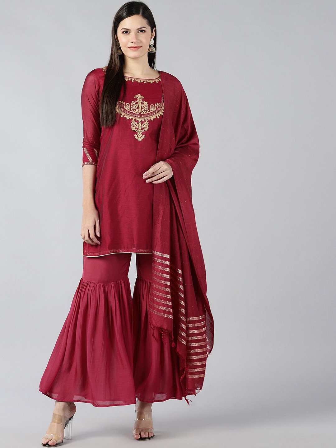 BAESD Ethnic Motifs Embroidered Chanderi Cotton Yoke Deisgn Kurta with Sharara & Dupatta, Maroon
BAESD Ethnic Motifs Embroidered Chanderi Cotton Yoke Deisgn Kurta with Sharara & Dupatta, Maroon