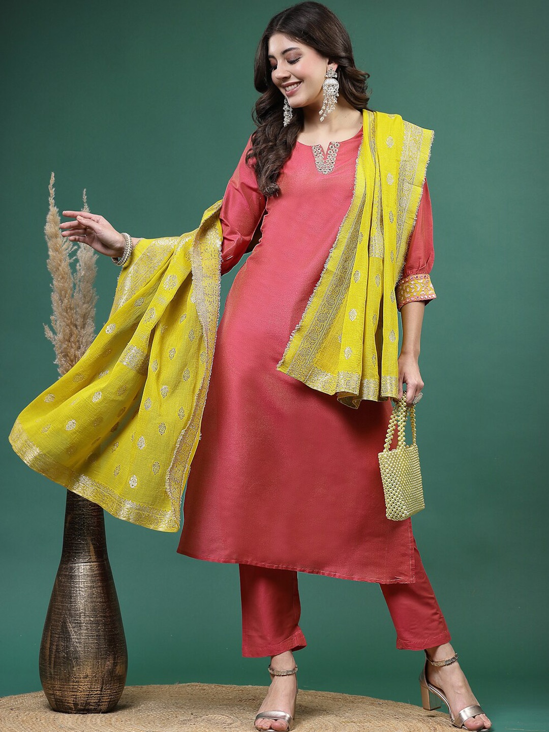 Ramas Embroidered Mirror Work Notch Neckline Straight Kurta & Trousers With Dupatta, Peach
Ramas Embroidered Mirror Work Notch Neckline Straight Kurta & Trousers With Dupatta, Peach