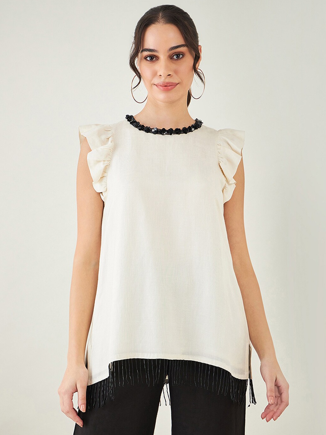 First Resort by Ramola Bachchan Flutter Sleeves Fringed Detail Linen A-Line Top, Off white
First Resort by Ramola Bachchan Flutter Sleeves Fringed Detail Linen A-Line Top, Off white