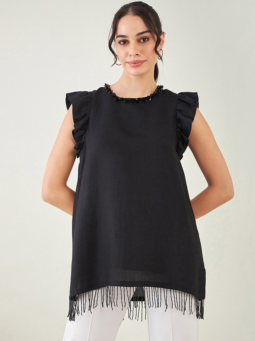 First Resort by Ramola Bachchan Flutter Sleeves Fringed Detail Linen A-Line Top, Black
First Resort by Ramola Bachchan Flutter Sleeves Fringed Detail Linen A-Line Top, Black