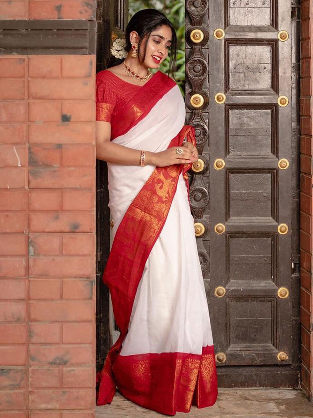 Mitera White & Red Zari Art Silk Saree