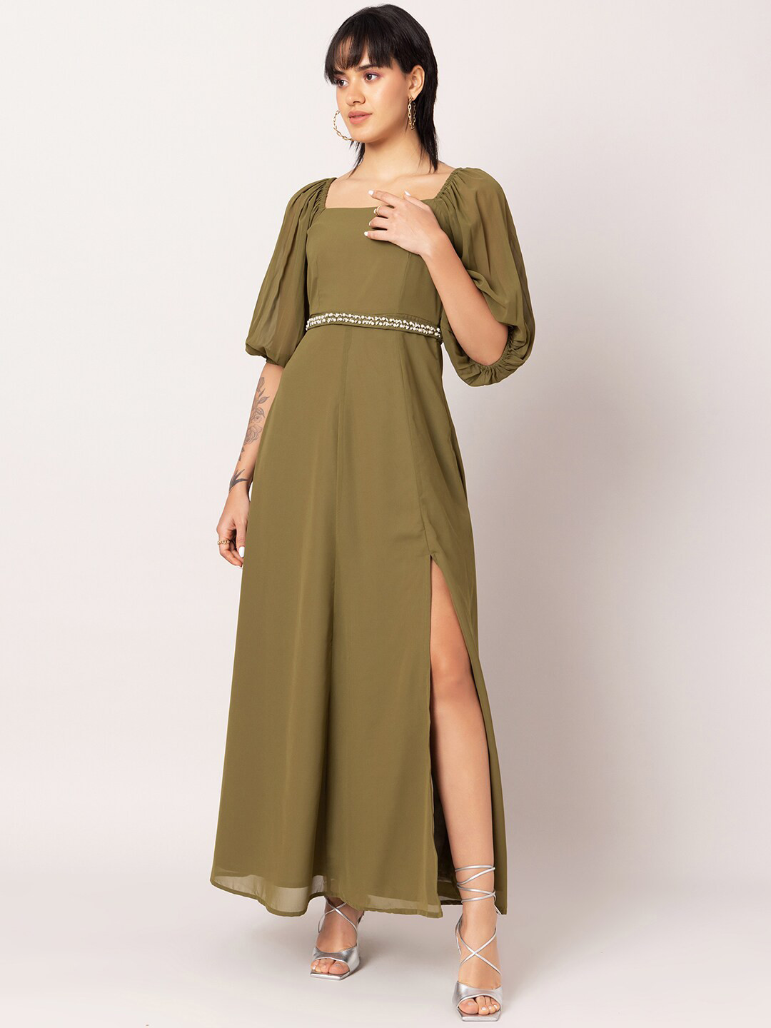 FabAlley Green Puff Sleeve Georgette Maxi Dress With Embellished Belt
FabAlley Green Puff Sleeve Georgette Maxi Dress With Embellished Belt