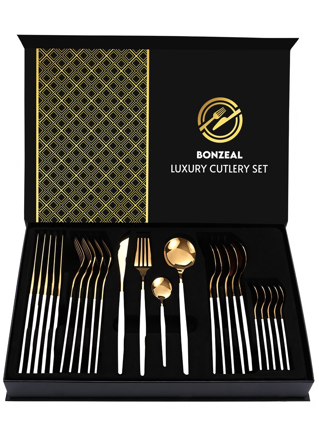 BonZeaL White & Gold Toned 24 Pieces Stainless Steel Printed Mirror Finish Cutlery Sets
BonZeaL White & Gold Toned 24 Pieces Stainless Steel Printed Mirror Finish Cutlery Sets