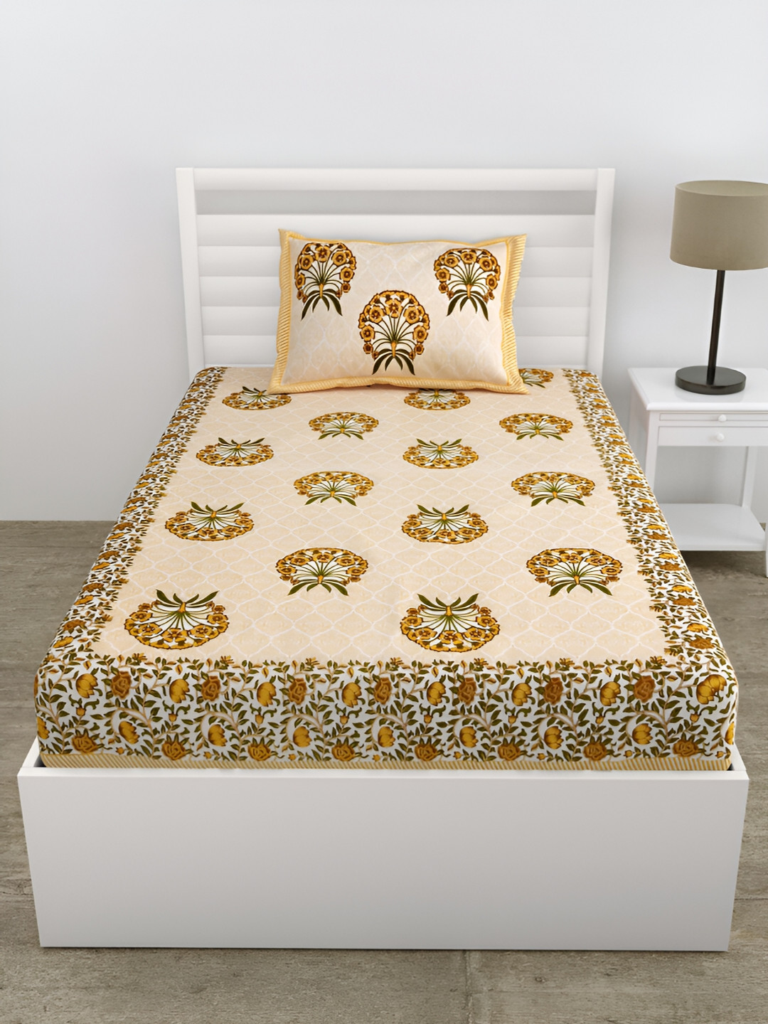 DOLLIFI Yellow & Brown Floral Printed Cotton 180 TC Single Bedsheet With 1 Pillow Cover 
DOLLIFI Yellow & Brown Floral Printed Cotton 180 TC Single Bedsheet With 1 Pillow Cover