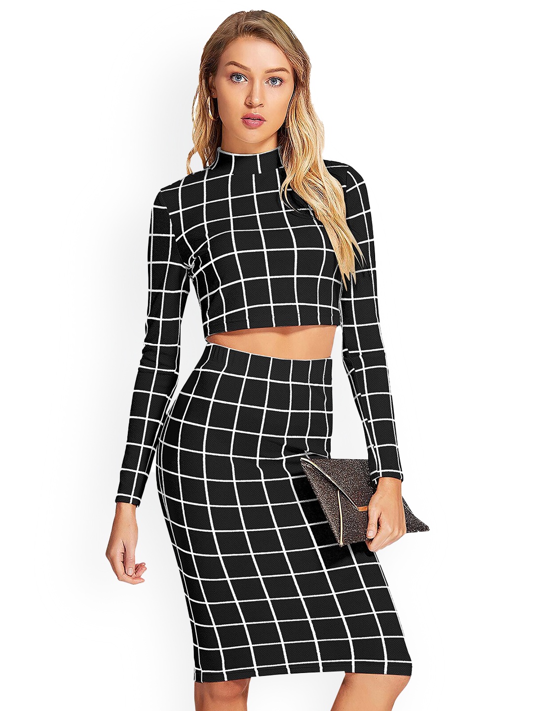 BAESD Checked Round Neck Top With Skirt, Black