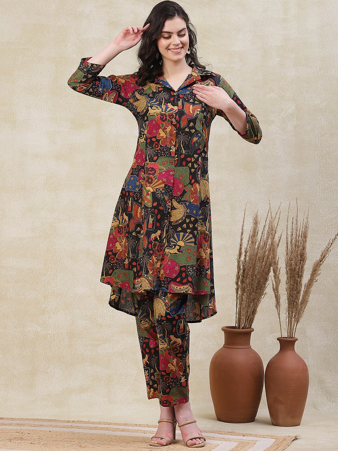 FASHOR Floral Printed Regular A-Line Kurta with Trousers, Black