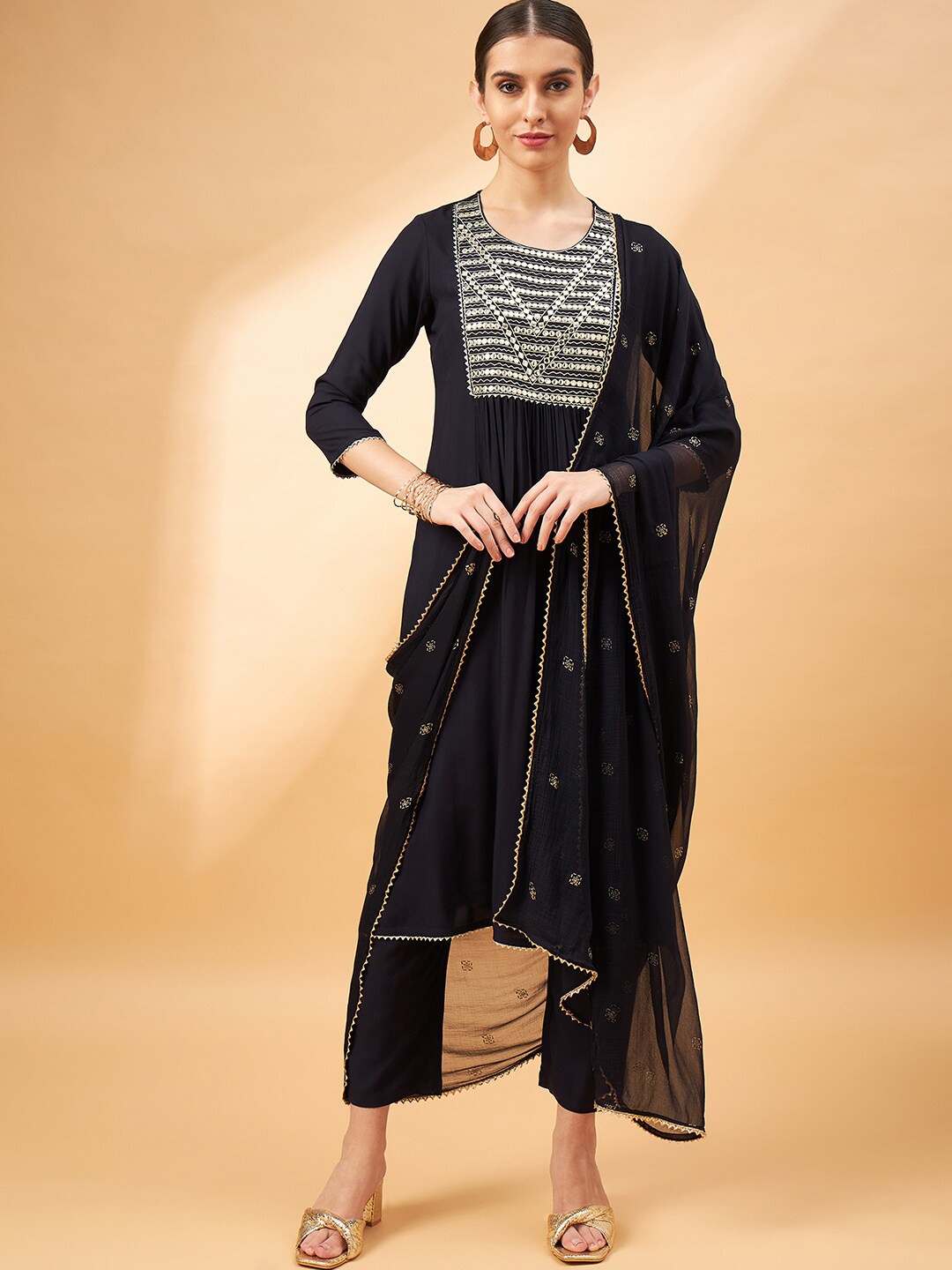 all about you Embroidered Mirror Work Pleated Round Neck Kurta with Trouser & Dupatta, Navy blue
all about you Embroidered Mirror Work Pleated Round Neck Kurta with Trouser & Dupatta, Navy blue