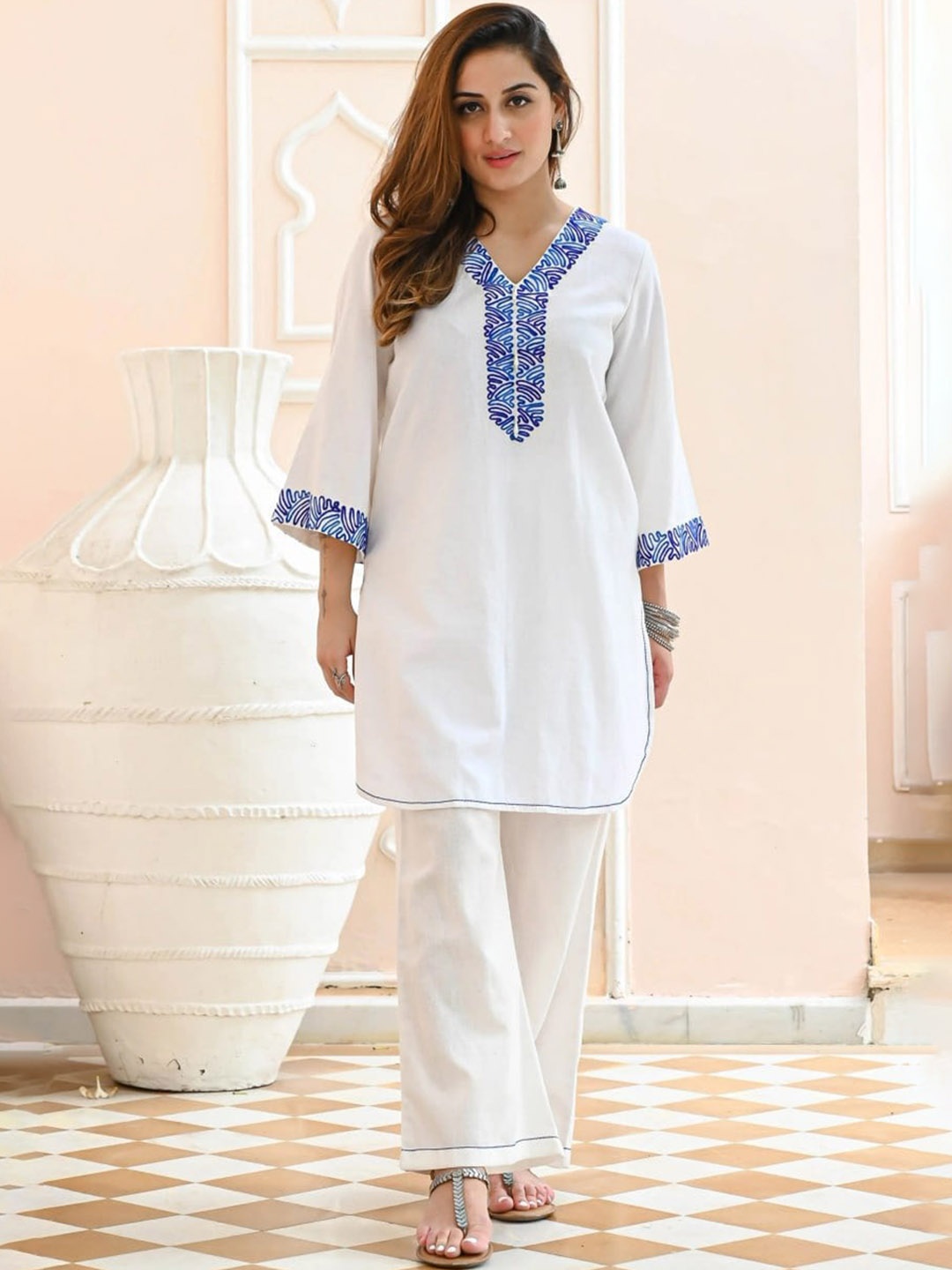 Ashiya Fab Embroidered Tunic With Palazzo Co-Ords, White