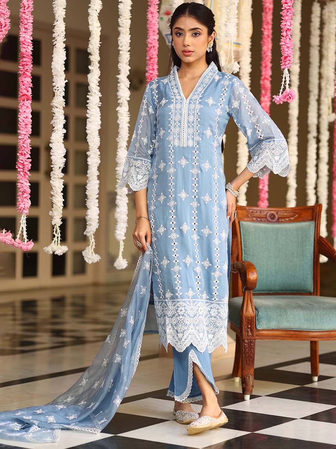 PRATAP SONS Ethnic Motifs Embroidered Regular Chikankari Kurta with Salwar & With Dupatta, Blue
PRATAP SONS Ethnic Motifs Embroidered Regular Chikankari Kurta with Salwar & With Dupatta, Blue
