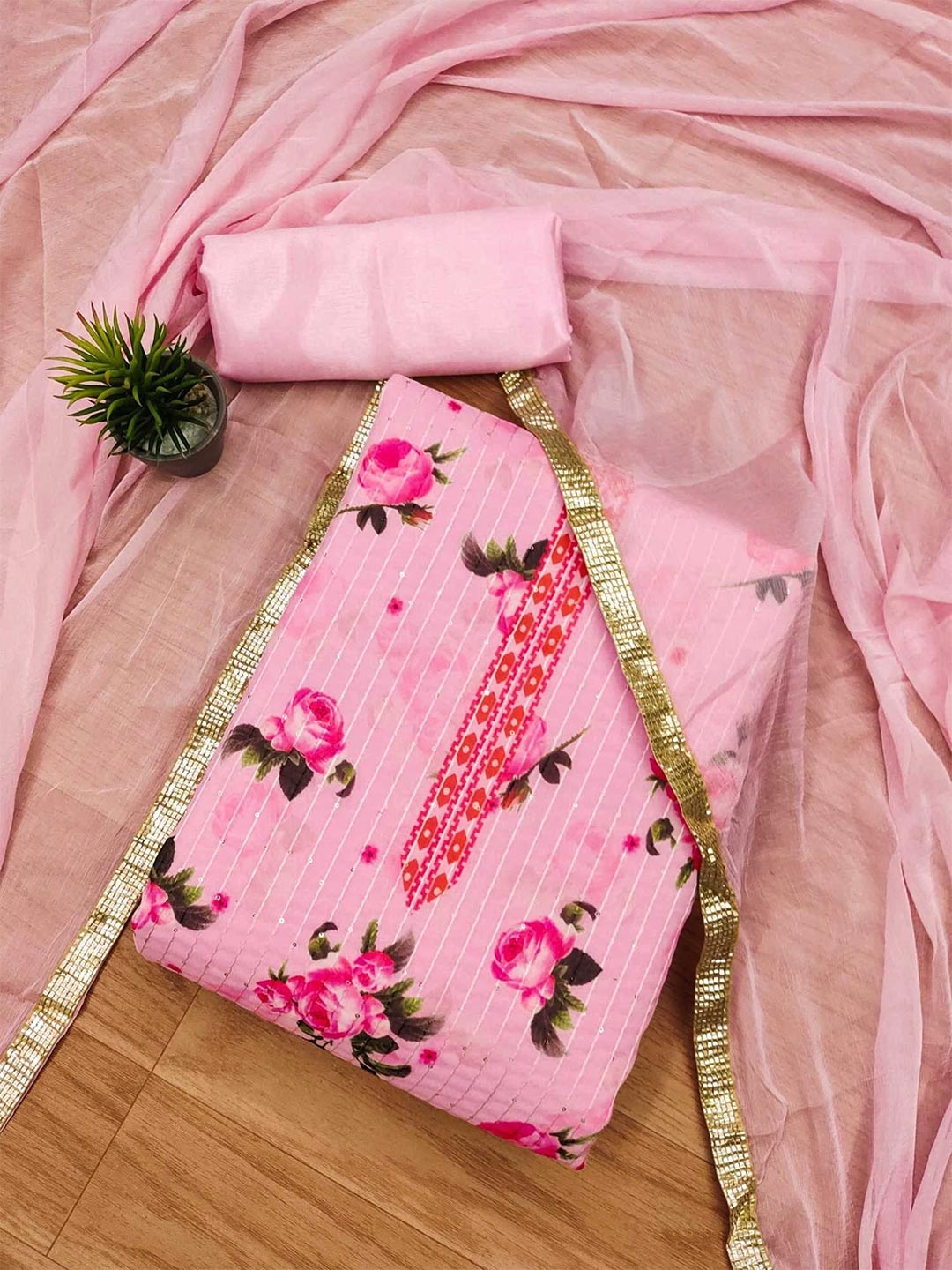 Panzora Floral Printed Unstitched Dress Material, Pink