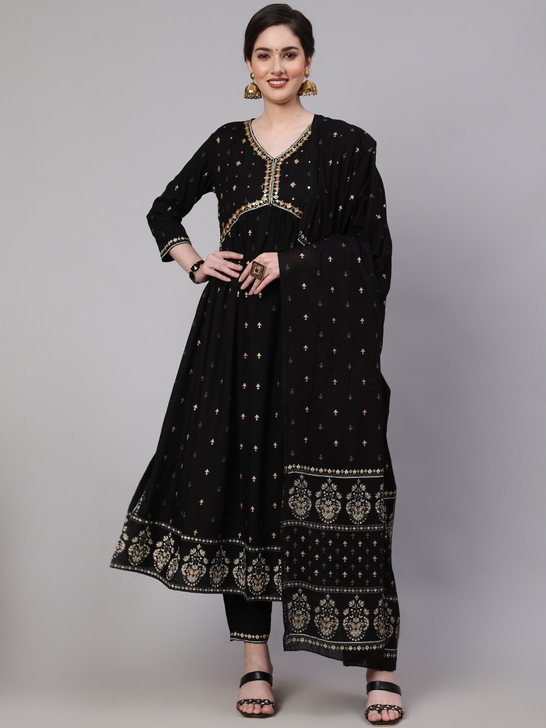 KALINI Ethnic Motifs Mirror Work Embroidered V-Neck Anarkali Kurta With Trouser & Dupatta, Black
KALINI Ethnic Motifs Mirror Work Embroidered V-Neck Anarkali Kurta With Trouser & Dupatta, Black