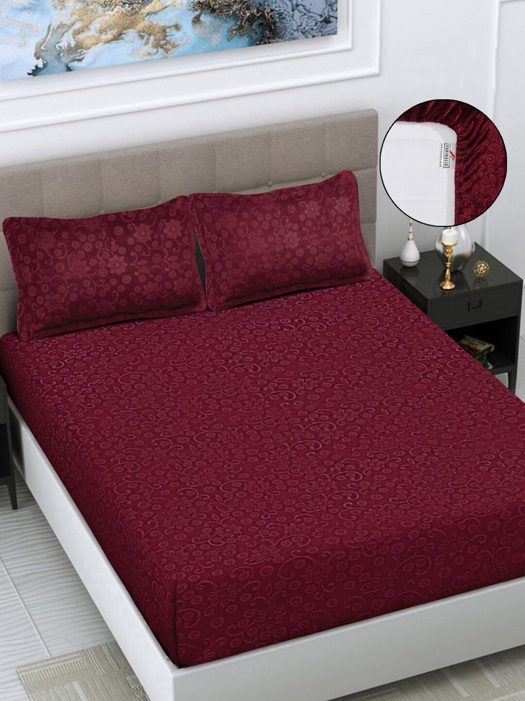 FABINALIV Maroon Floral 300 TC Woollen King Size Fitted Double Bedsheet & 2 Pillow Covers
FABINALIV Maroon Floral 300 TC Woollen King Size Fitted Double Bedsheet & 2 Pillow Covers
