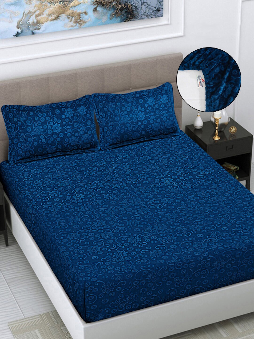 FABINALIV Blue Floral 300 TC Woollen King Size Fitted Double Bedsheet & 2 Pillow Covers, Navy blue
FABINALIV Blue Floral 300 TC Woollen King Size Fitted Double Bedsheet & 2 Pillow Covers, Navy blue