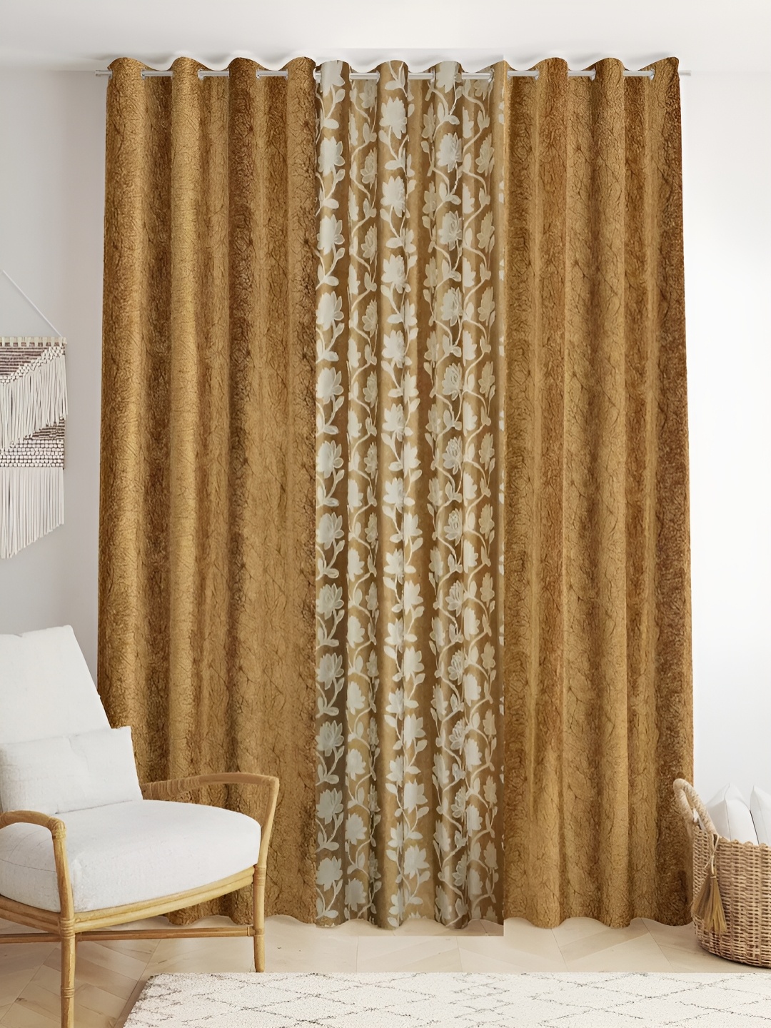 stuffique Gold-Toned & Beige 3 Pieces Floral Long Door Curtain