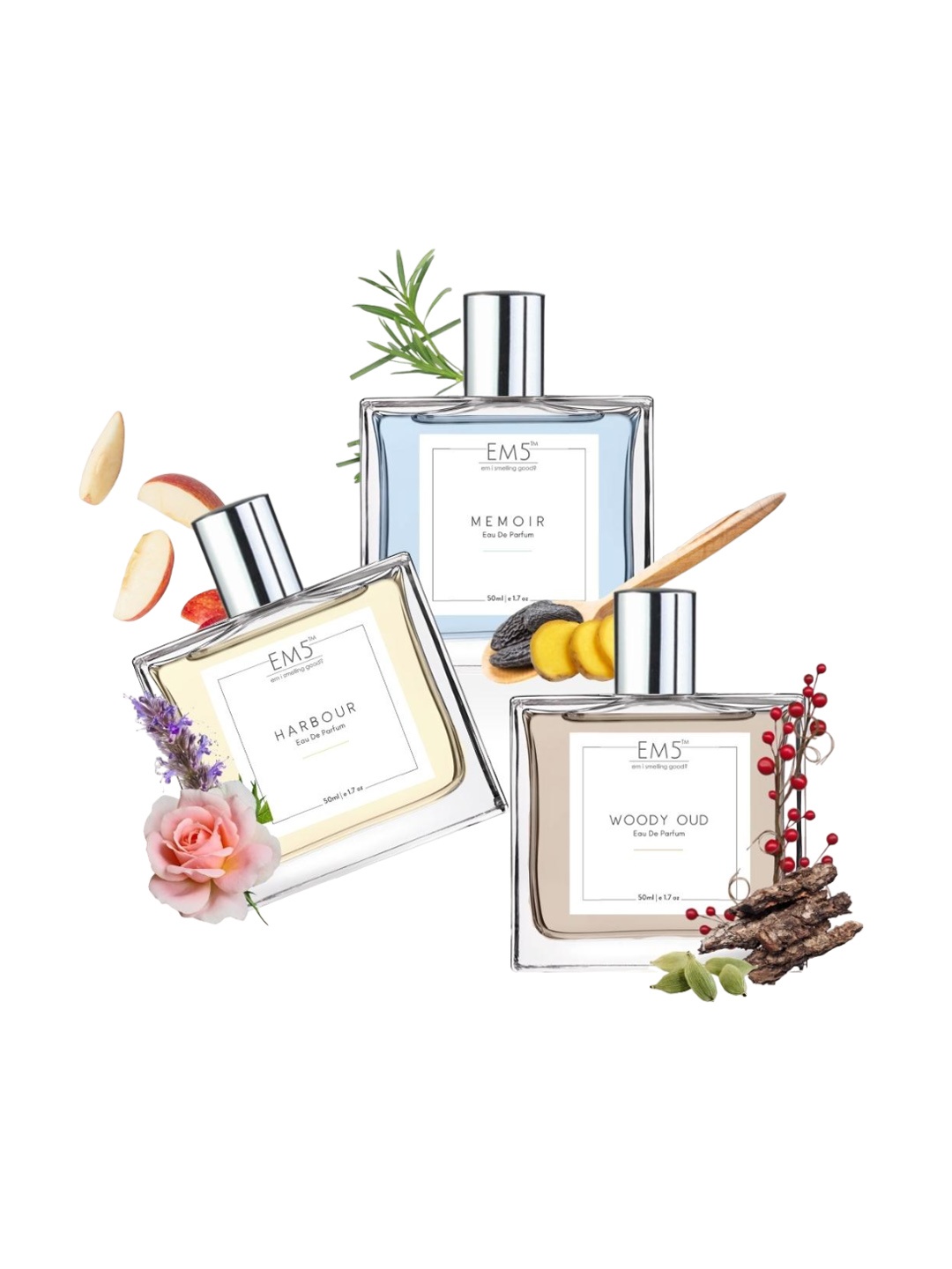 EM5 Men Set of 3 Long Lasting Eau De Parfum 50 ml each - Harbour + Memoir + Woody Oud, Transparent
EM5 Men Set of 3 Long Lasting Eau De Parfum 50 ml each - Harbour + Memoir + Woody Oud, Transparent
