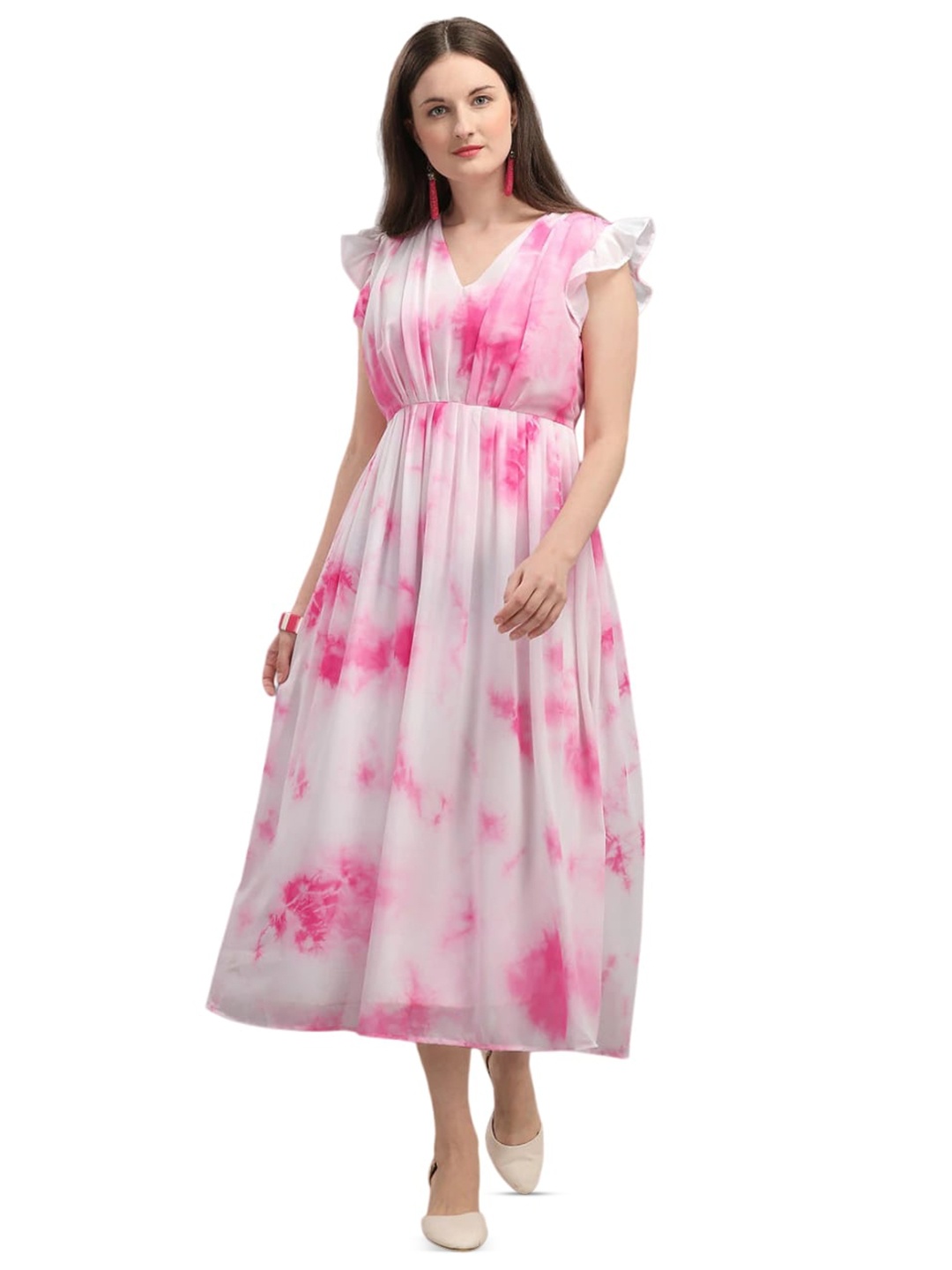 Crally Dyed V Neck Fit & Flare Flutter Sleeves A-Line Dress, Pink