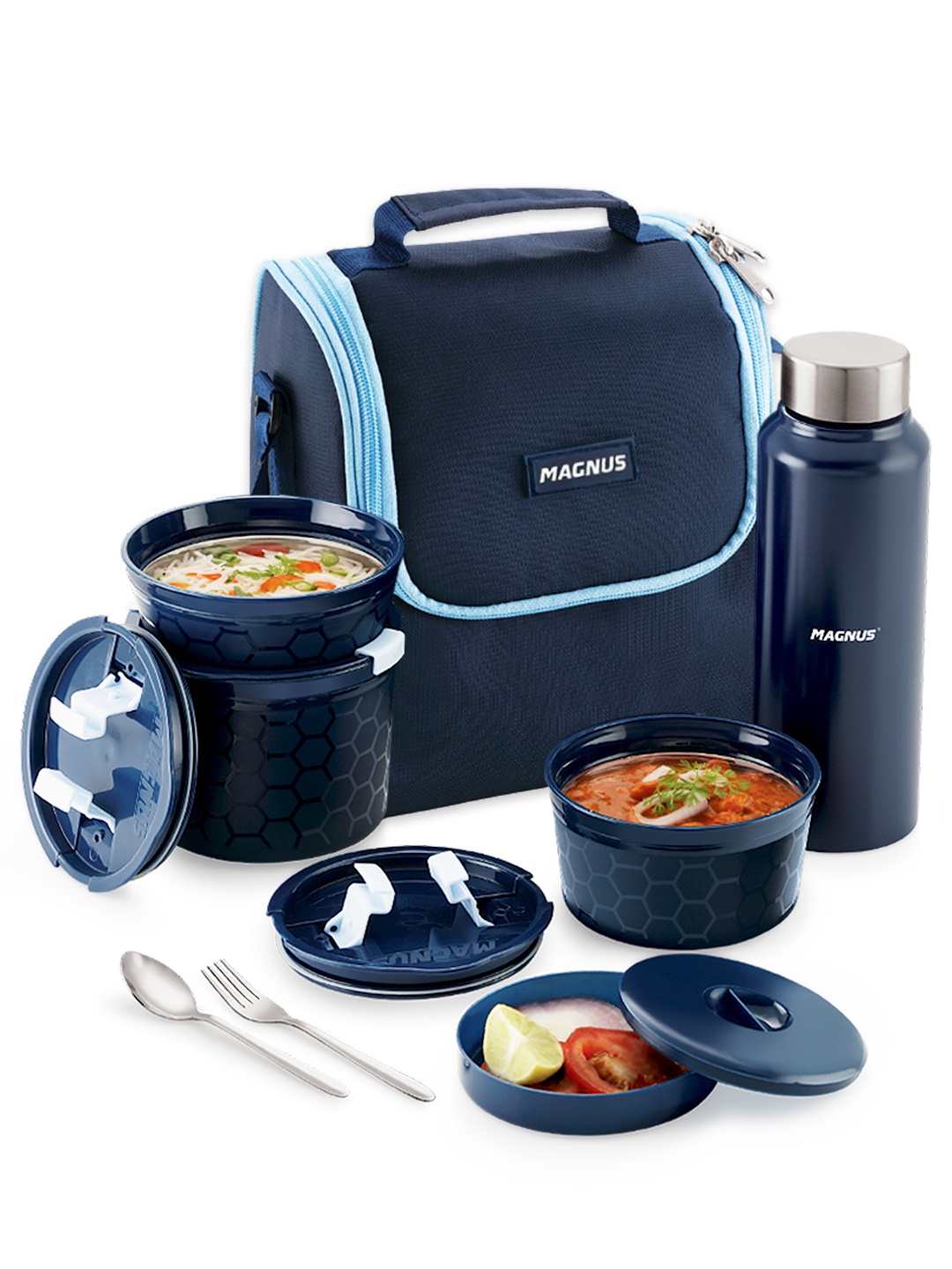 MAGNUS Navy Blue 5 Pieces Stainless Steel Microwave Safe Lunch Boxes & Bottle With Bag
MAGNUS Navy Blue 5 Pieces Stainless Steel Microwave Safe Lunch Boxes & Bottle With Bag