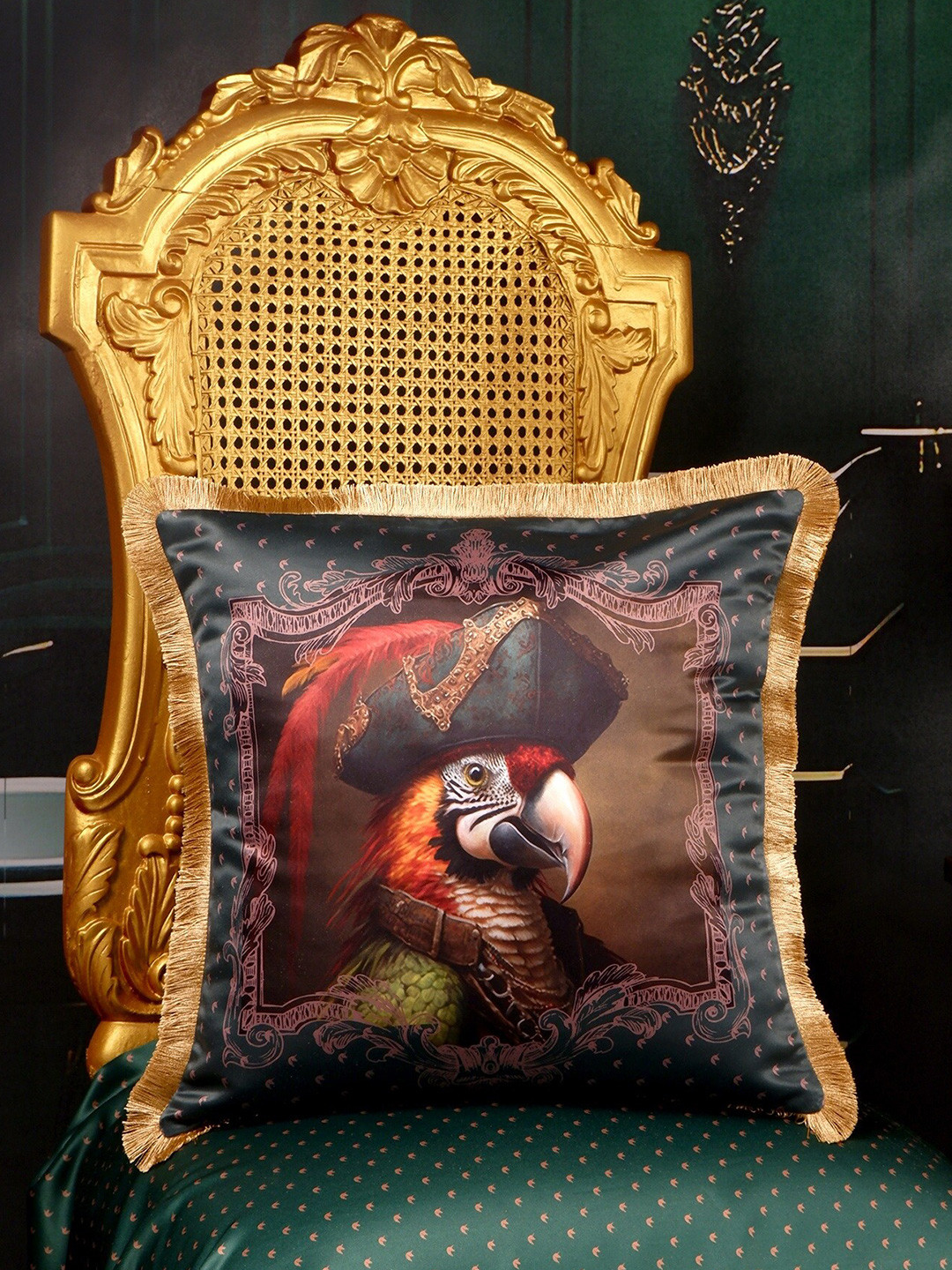 THE WHITE INK DECOR Green & Brown Parrot Satin Fringe Edged Square Cushion Cover
THE WHITE INK DECOR Green & Brown Parrot Satin Fringe Edged Square Cushion Cover