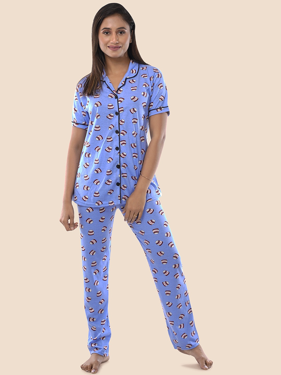 BAESD Conversational Printed Lapel Collar Short Sleeves Pure Cotton Night suits, Blue
BAESD Conversational Printed Lapel Collar Short Sleeves Pure Cotton Night suits, Blue