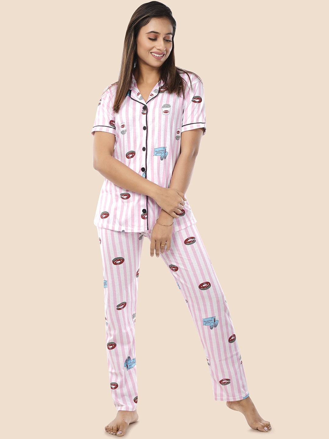 BAESD Conversational Printed Lapel Collar Short Sleeves Pure Cotton Night suits, Pink
BAESD Conversational Printed Lapel Collar Short Sleeves Pure Cotton Night suits, Pink