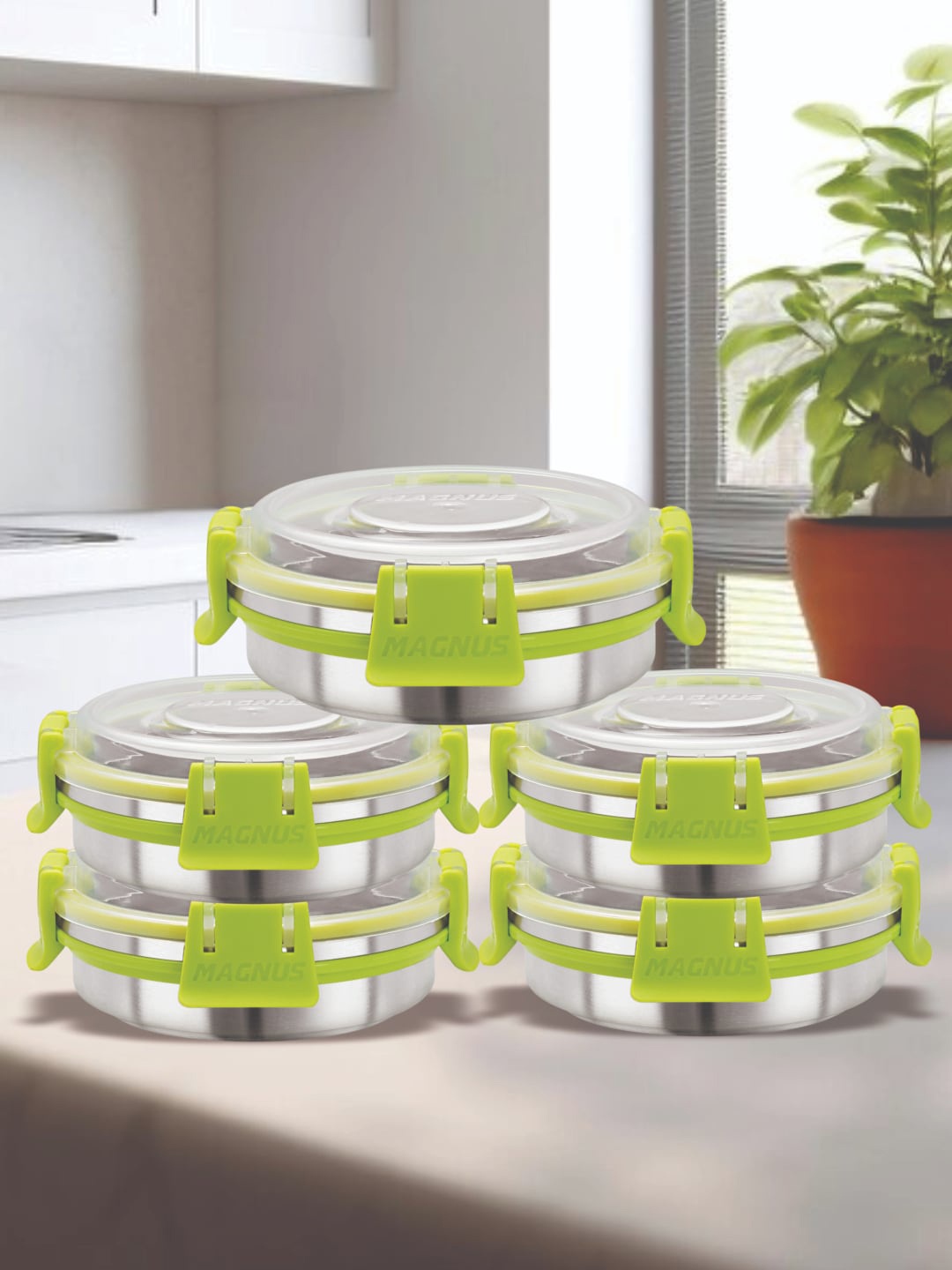 MAGNUS Green & Silver-Toned 5 Pieces Stainless Steel Airtight & Leakproof Lunch Boxes
MAGNUS Green & Silver-Toned 5 Pieces Stainless Steel Airtight & Leakproof Lunch Boxes