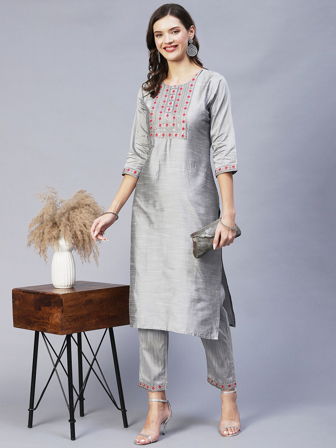 AMRUTVARSHA CREATION Floral Embroidered Round Neck A-Line Kurta With Palazzos, Grey
AMRUTVARSHA CREATION Floral Embroidered Round Neck A-Line Kurta With Palazzos, Grey