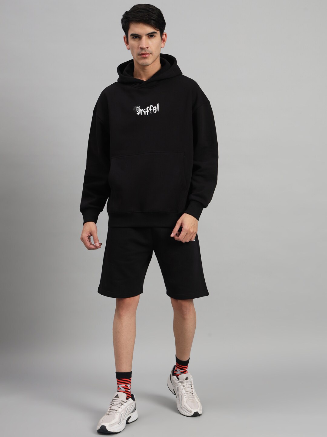 GRIFFEL Typography Printed Hooded Mid-Rise Tracksuits, Black