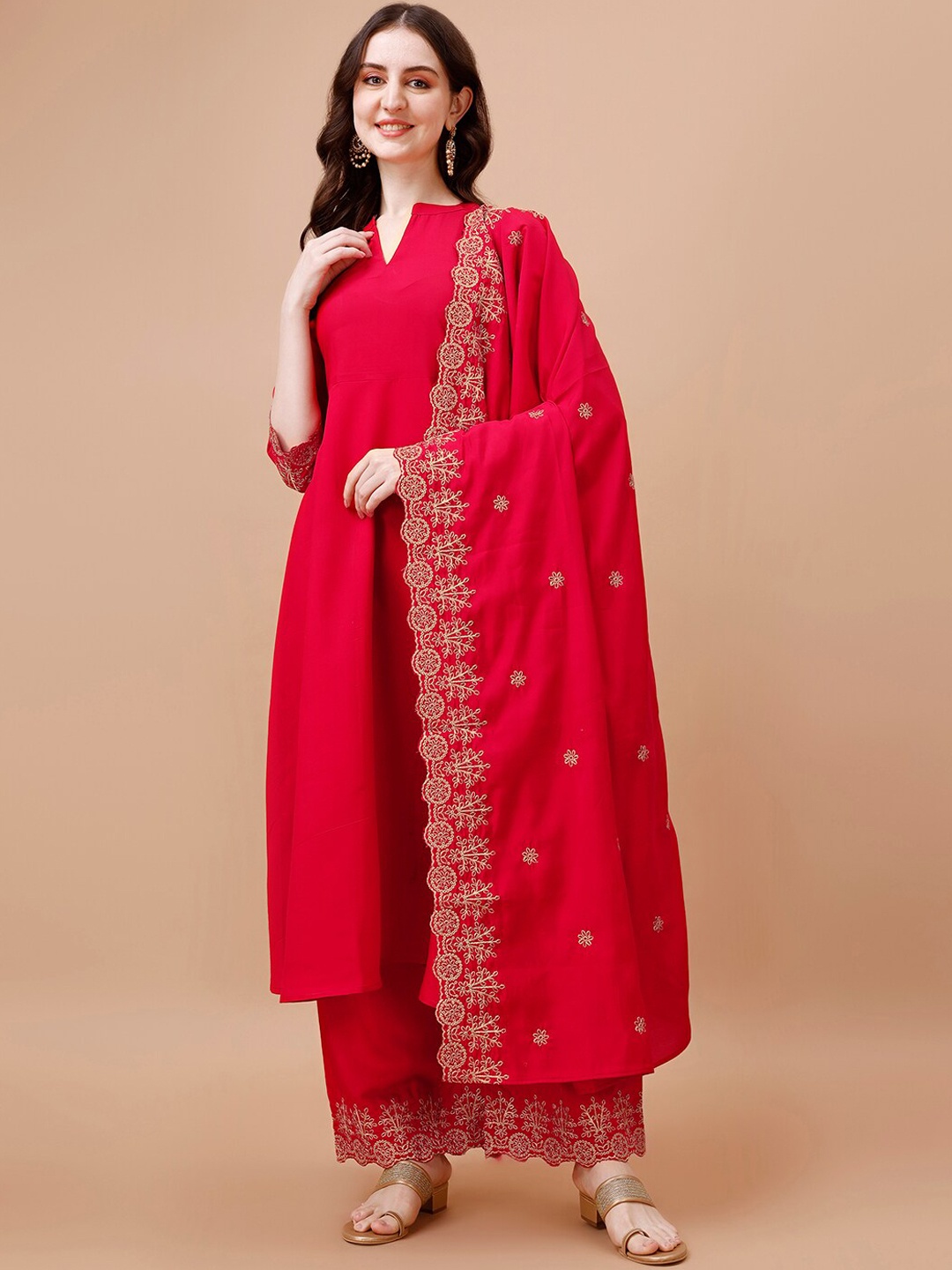 KALINI Ethnic Motifs Zari Embroidered Band Collar Anarkali Kurta With Palazzo & Dupatta, Red
KALINI Ethnic Motifs Zari Embroidered Band Collar Anarkali Kurta With Palazzo & Dupatta, Red