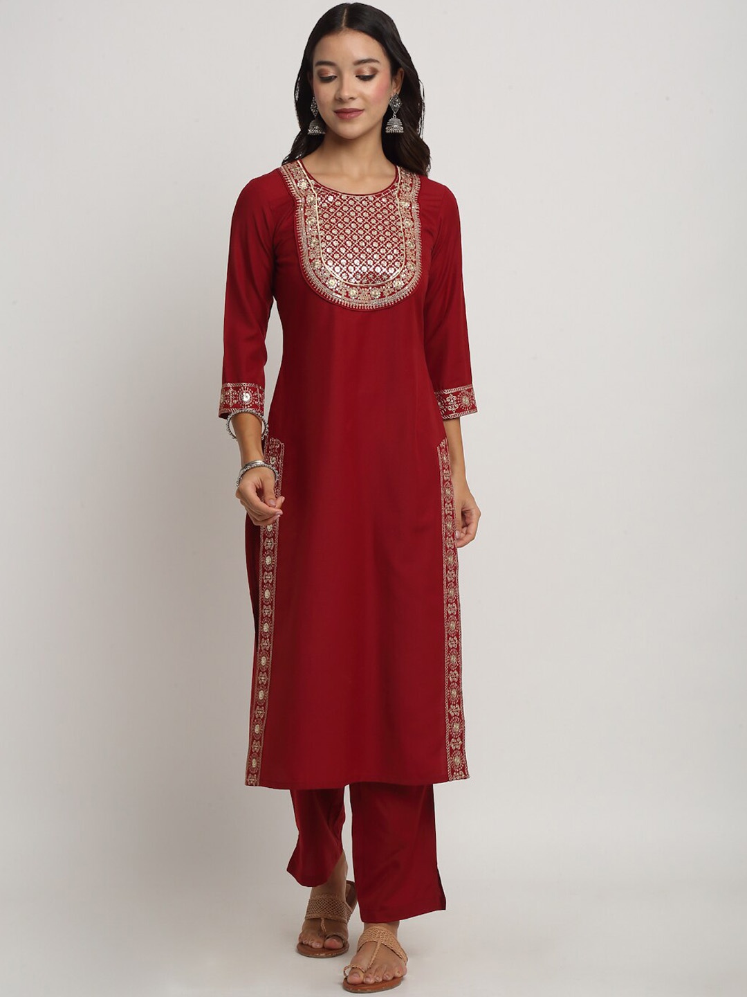 RAISIN Yoke Design Embroidered Thread Work Straight Kurta With Trousers & Dupatta, Red
RAISIN Yoke Design Embroidered Thread Work Straight Kurta With Trousers & Dupatta, Red