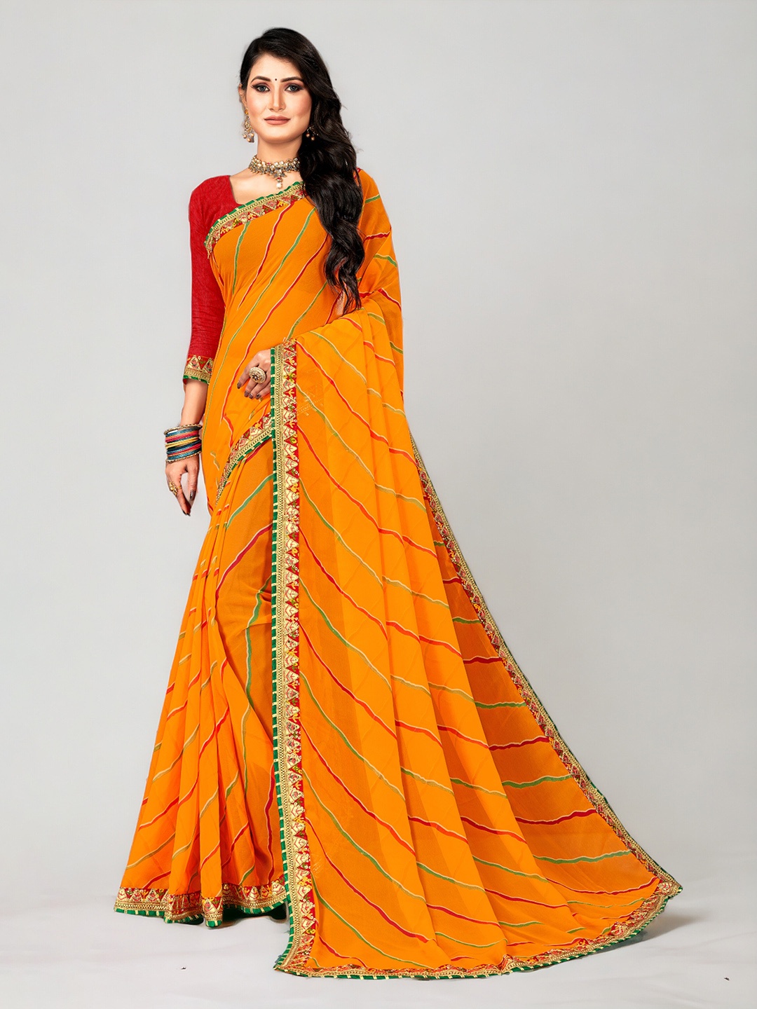 DIVASTRI Striped Printed Embroidered Pure Georgette Leheriya Saree, Yellow