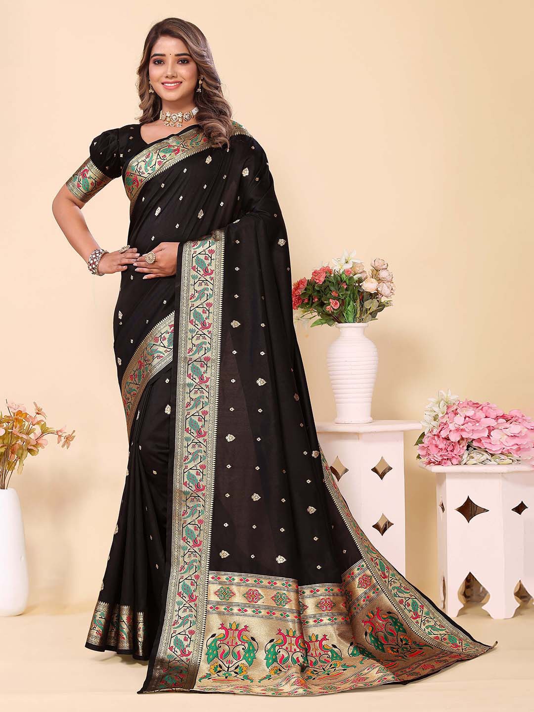 Divyadham Textiles Ethnic Woven Design Zari Pure Silk Banarasi Paithini Saree, Black
Divyadham Textiles Ethnic Woven Design Zari Pure Silk Banarasi Paithini Saree, Black