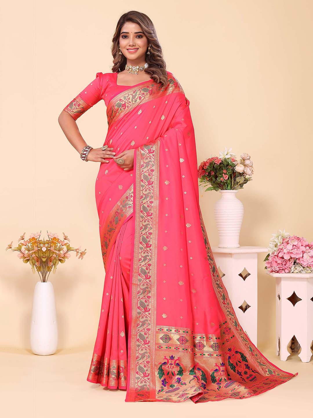 Divyadham Textiles Ethnic Motifs Woven Design Zari Pure Silk Banarasi Saree, Coral
Divyadham Textiles Ethnic Motifs Woven Design Zari Pure Silk Banarasi Saree, Coral