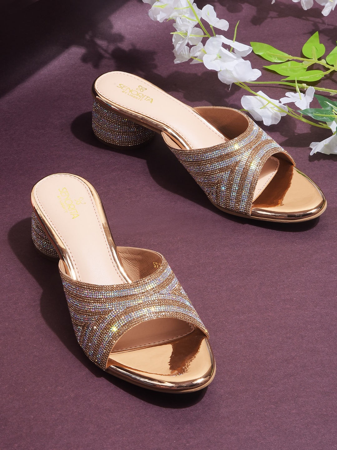 Liberty Embellished Open Toe Block Heels, Gold