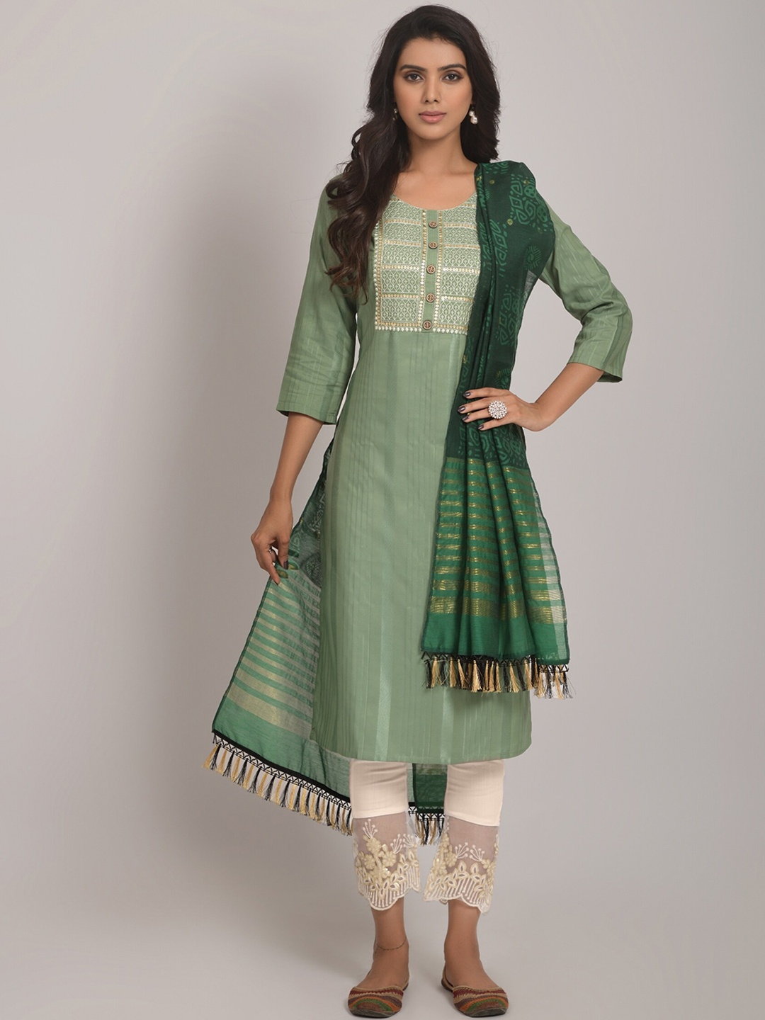 KALINI Round Neck Embroidered Sequinned Kurta with Trousers & Dupatta with Tassels, Olive
KALINI Round Neck Embroidered Sequinned Kurta with Trousers & Dupatta with Tassels, Olive