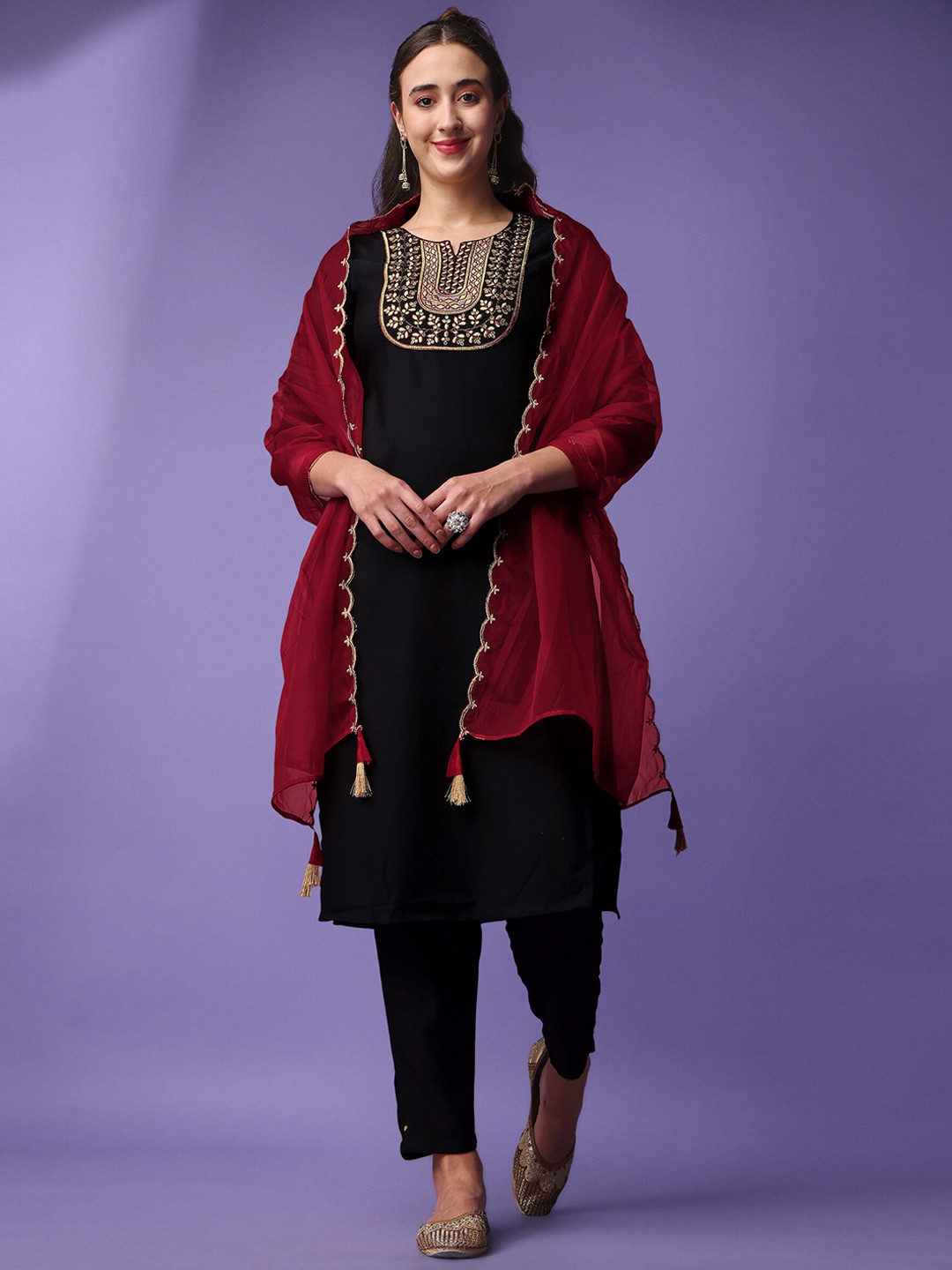 KALINI Embroidered Thread Work Straight Kurta with Trousers & Dupatta with Tassels, Black
KALINI Embroidered Thread Work Straight Kurta with Trousers & Dupatta with Tassels, Black