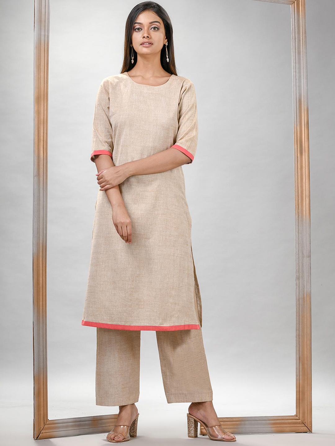 Angoshobha Woven Design Round Neck Pure Cotton Straight Kurta with Palazzos, Grey
Angoshobha Woven Design Round Neck Pure Cotton Straight Kurta with Palazzos, Grey