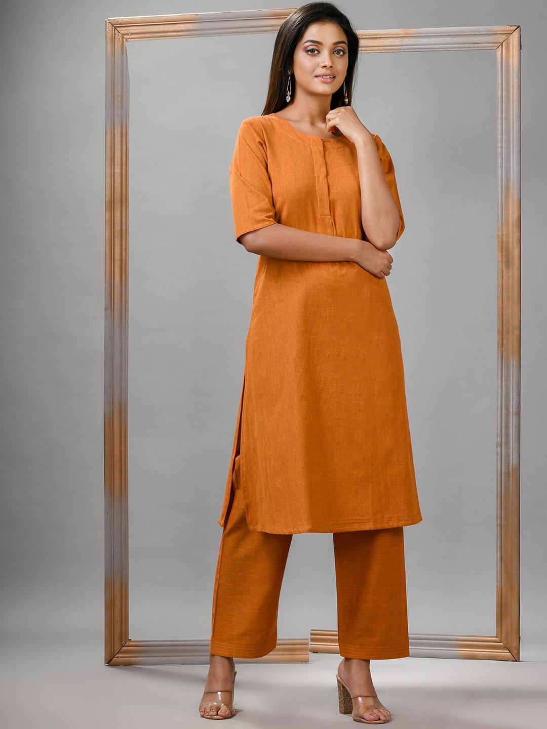 Angoshobha Woven Design Round Neck Pure Cotton Straight Kurta with Palazzos, Mustard
Angoshobha Woven Design Round Neck Pure Cotton Straight Kurta with Palazzos, Mustard