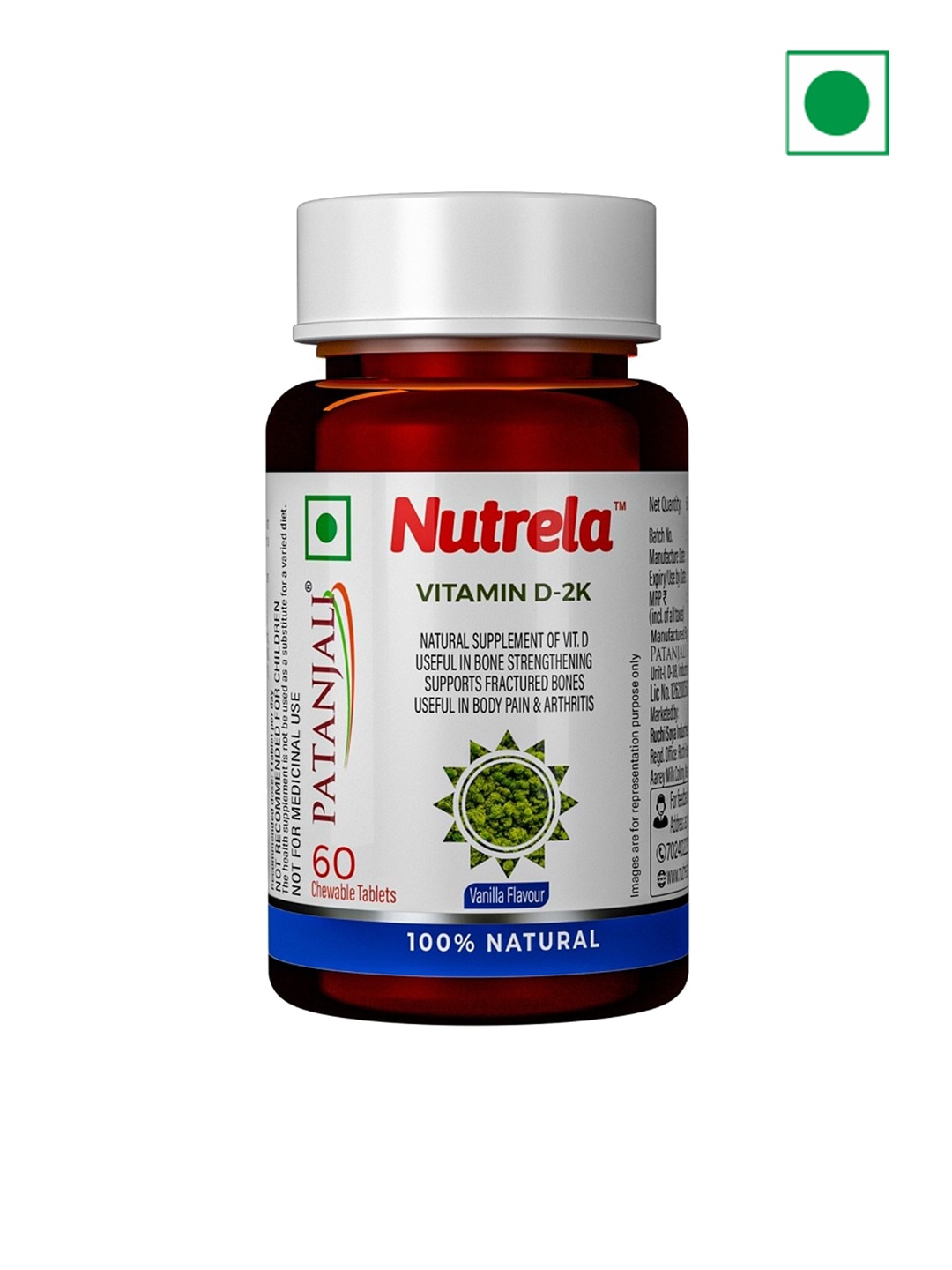NUTRELA 100% Natural Vitamin D-2K Vanilla Flavour Chewable Tablets - 60 Tablets, White
NUTRELA 100% Natural Vitamin D-2K Vanilla Flavour Chewable Tablets - 60 Tablets, White