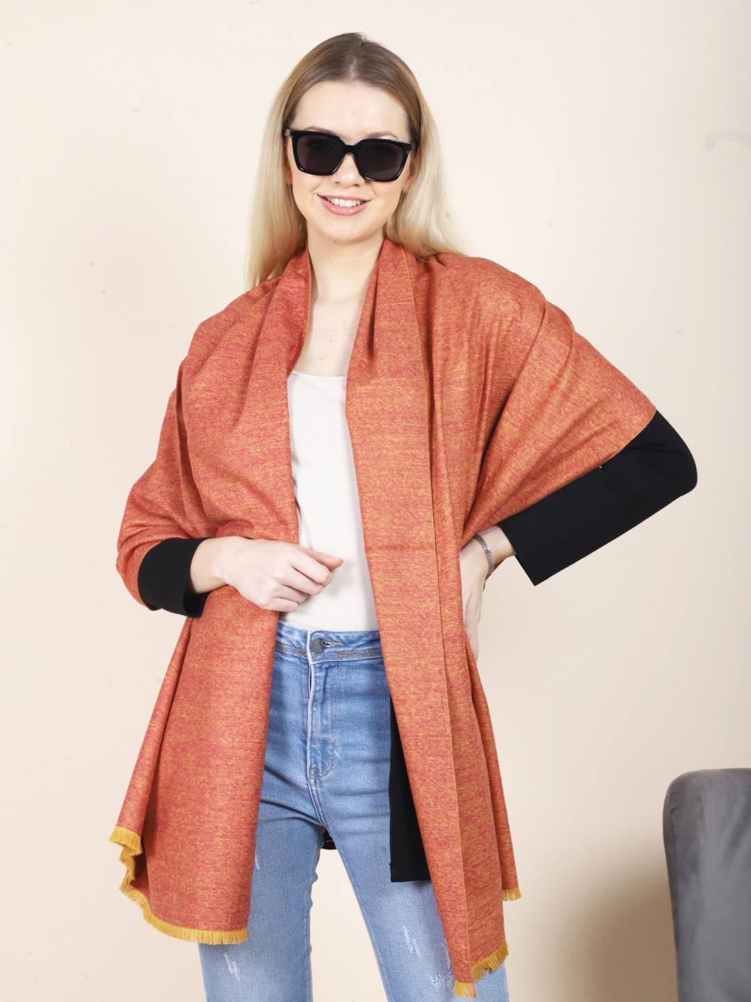 Calvadoss Women Woven-Design Shawl, Peach