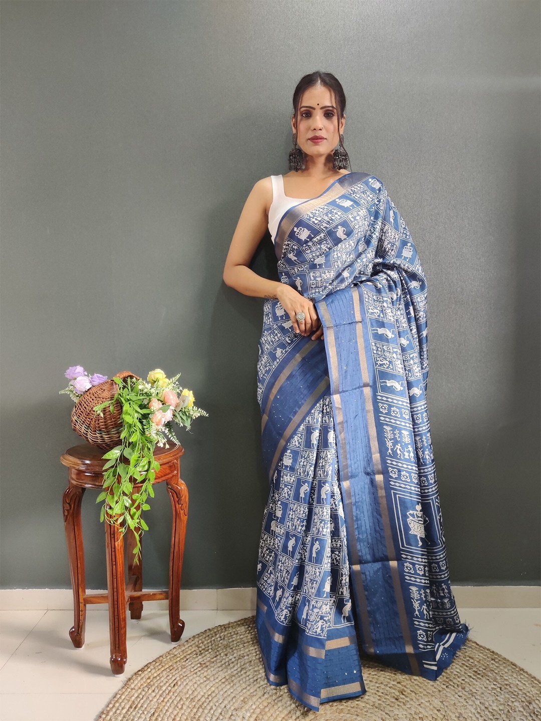 PHEASANT Floral Printed Silk Blend Designer Saree, Sea green