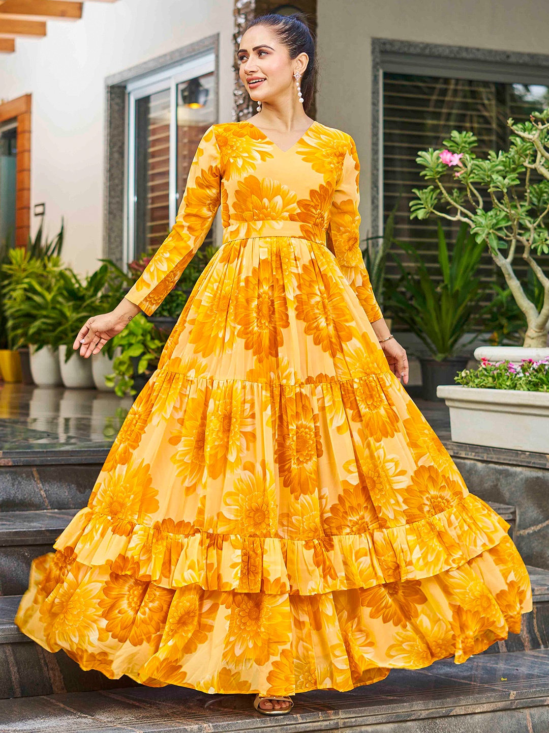 Chandbaali Floral Printed V-Neck Georgette Gathered Detail Gown Ethnic Dress With Belt, Mustard
Chandbaali Floral Printed V-Neck Georgette Gathered Detail Gown Ethnic Dress With Belt, Mustard
