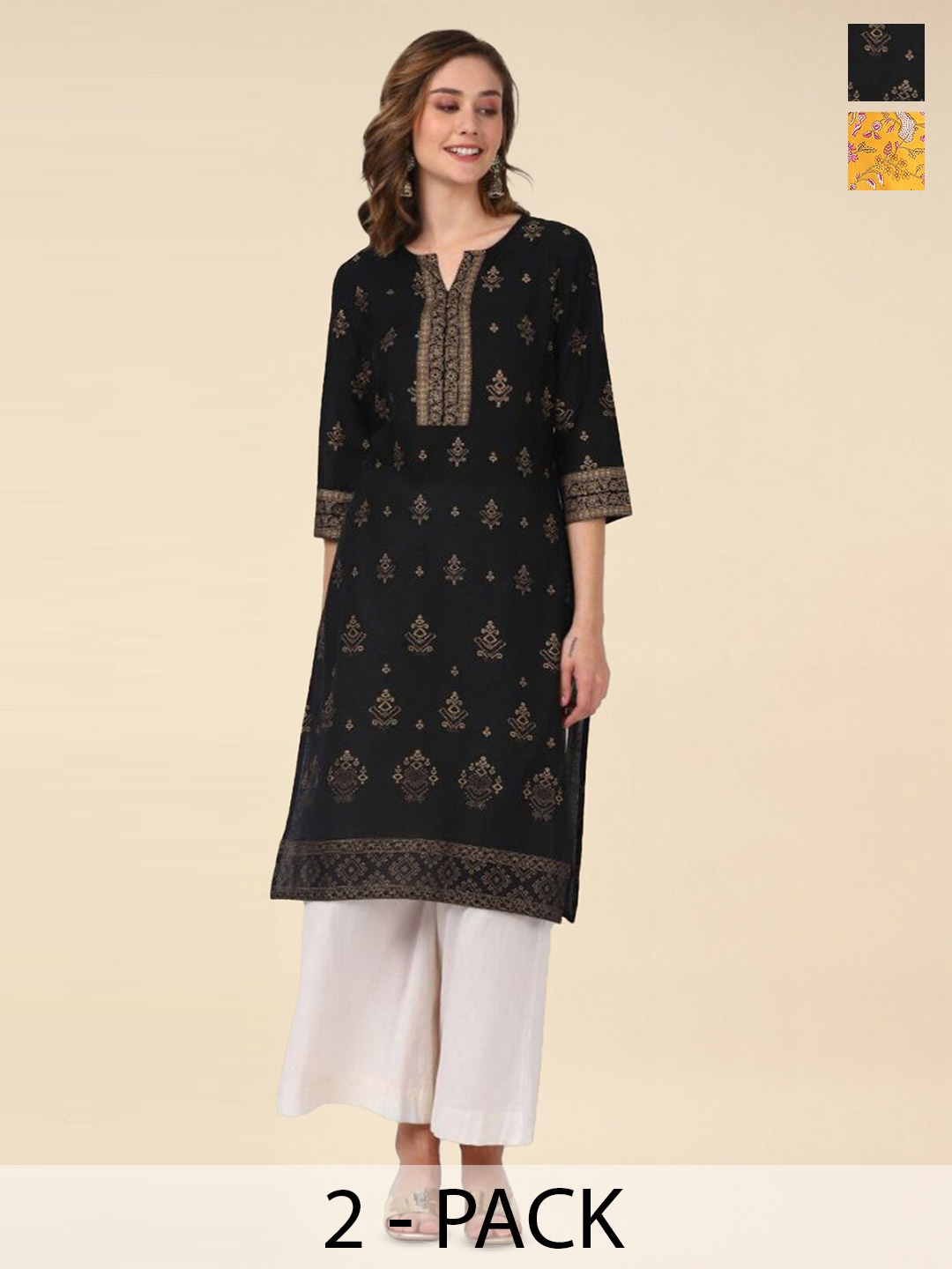 Rangita 2 Pieces Ethnic Motifs Printed Notched Neck Knee Length Straight Kurtas, Black
Rangita 2 Pieces Ethnic Motifs Printed Notched Neck Knee Length Straight Kurtas, Black