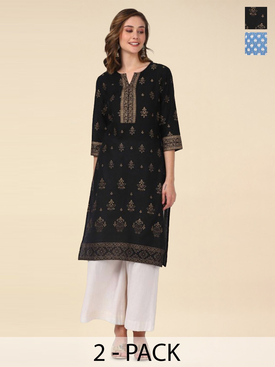 Rangita 2 Pieces Ethnic Motifs Printed Notched & Round Neck Knee Length Straight Kurtas, Black
Rangita 2 Pieces Ethnic Motifs Printed Notched & Round Neck Knee Length Straight Kurtas, Black