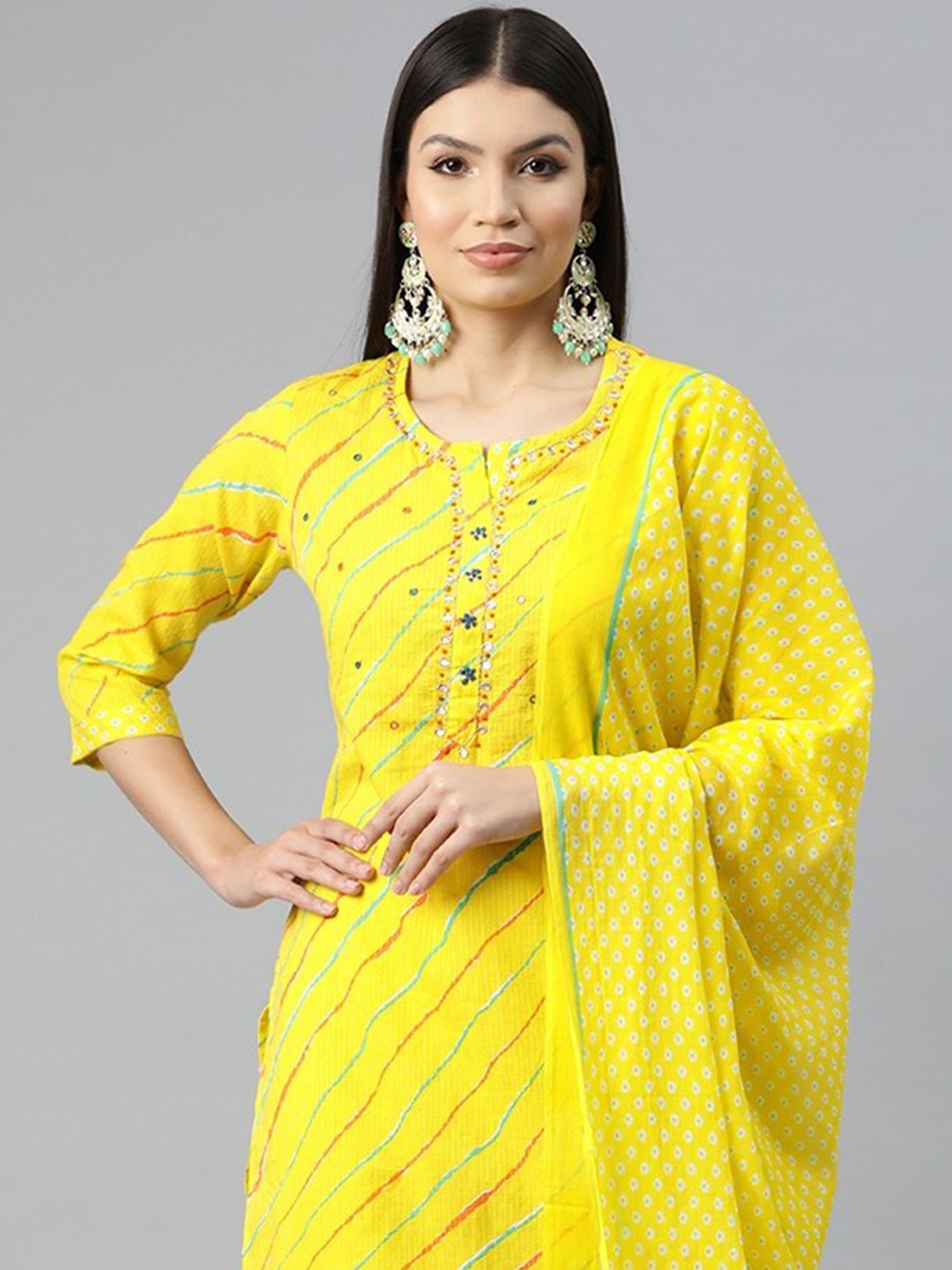 Readiprint Women Leheriya Print Beads & Stones Cotton Kurta Trousers & Dupatta, Yellow
Readiprint Women Leheriya Print Beads & Stones Cotton Kurta Trousers & Dupatta, Yellow