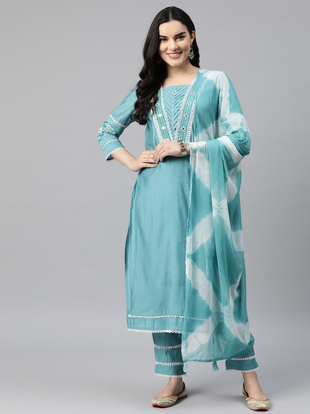Readiprint Fashions Women Embroidered Mirror Work Kurta with Palazzos & With Dupatta, Teal
Readiprint Fashions Women Embroidered Mirror Work Kurta with Palazzos & With Dupatta, Teal
