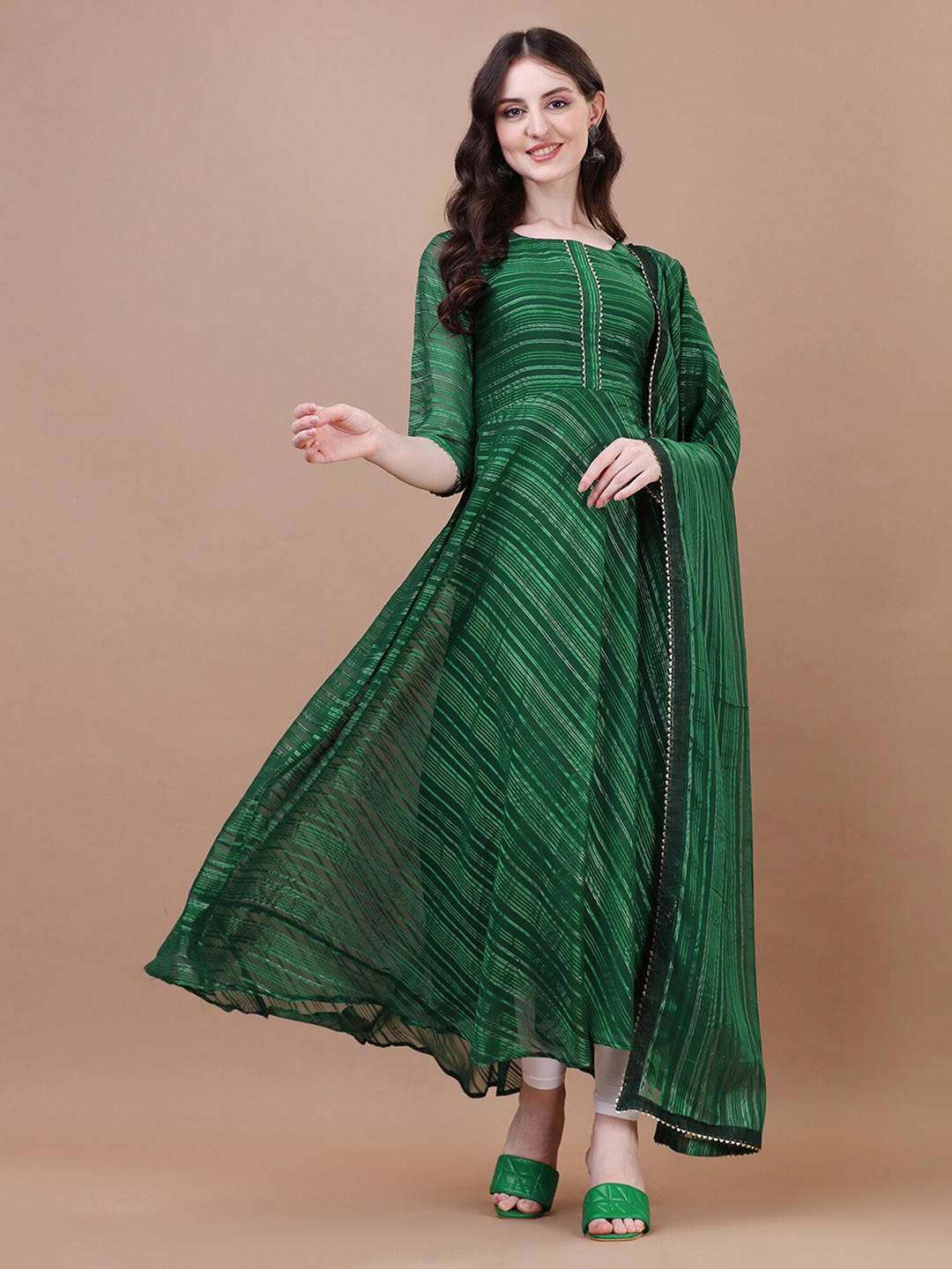 N N ENTERPRISE Striped Printed Zari Work Silk Georgette Anarkali Kurta With Dupatta, Green
N N ENTERPRISE Striped Printed Zari Work Silk Georgette Anarkali Kurta With Dupatta, Green