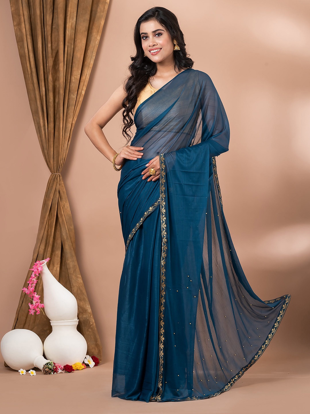 MAHALASA Turquoise Blue and GoldToned Embroidered Art Silk Saree